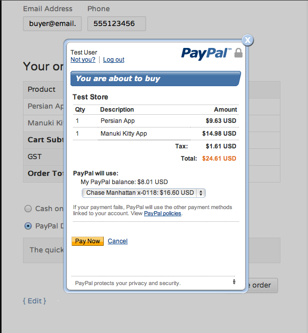 PayPal checkout interface